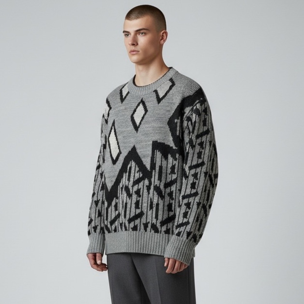 VTG Sostanza Fashion Police‎ Sweater Men’s M Gray Black Abstract Geometric 80s
